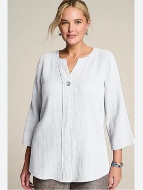 Pure Jill Cotton-Gauze V-Notch One-Button Tunic EUC